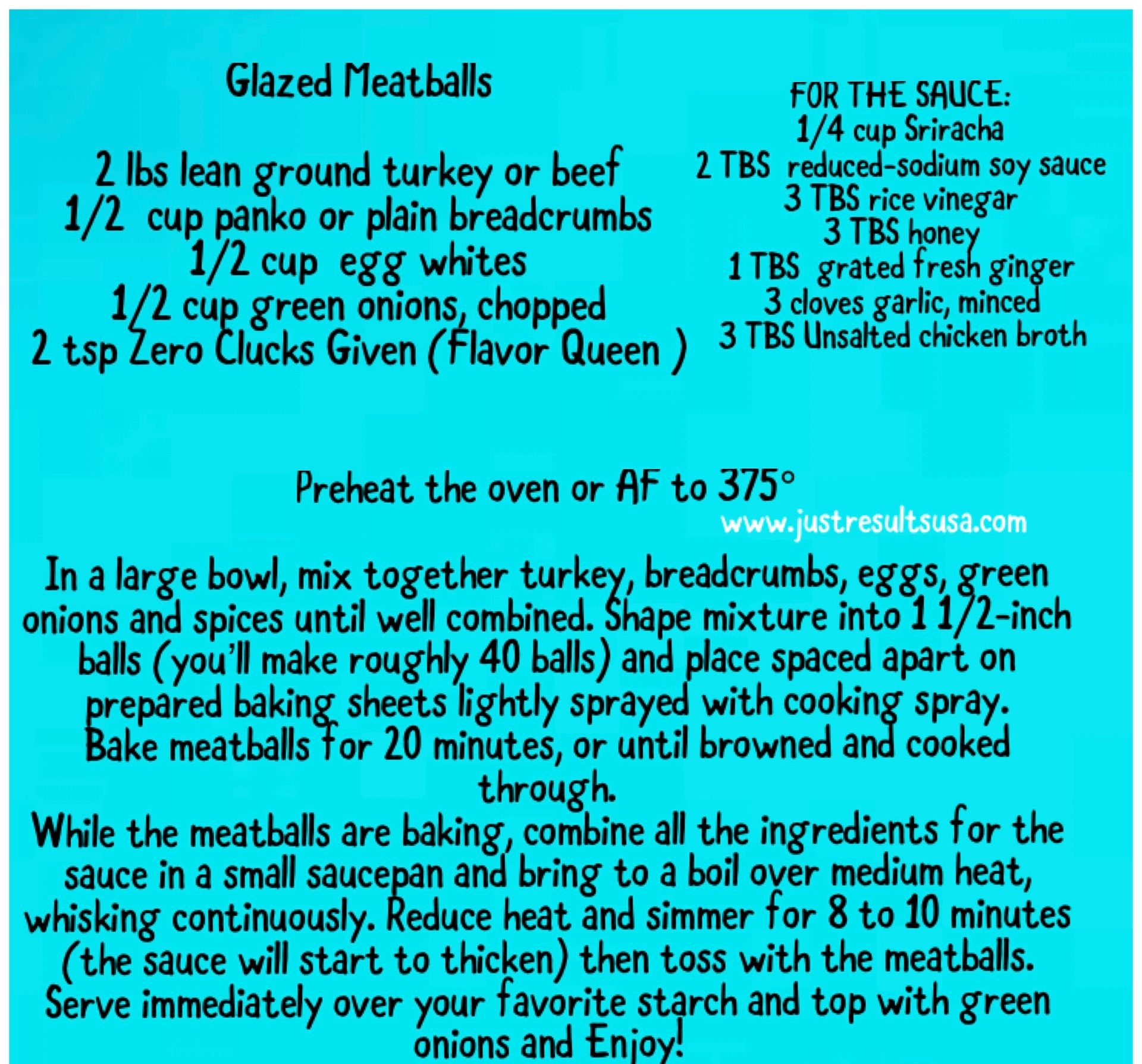 A recipe for glazed meatballs is written on a blue background