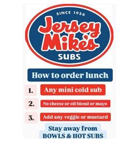A sign for jersey mike's subs shows how to order lunch