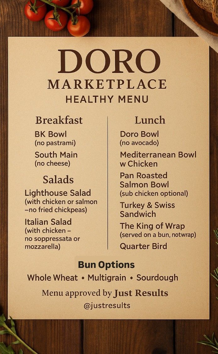 Menu board for Doro Marketplace. It lists breakfast, salads, and lunch options on a wooden background.