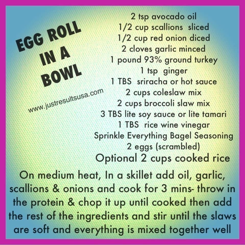 A recipe for egg roll in a bowl includes avocado oil