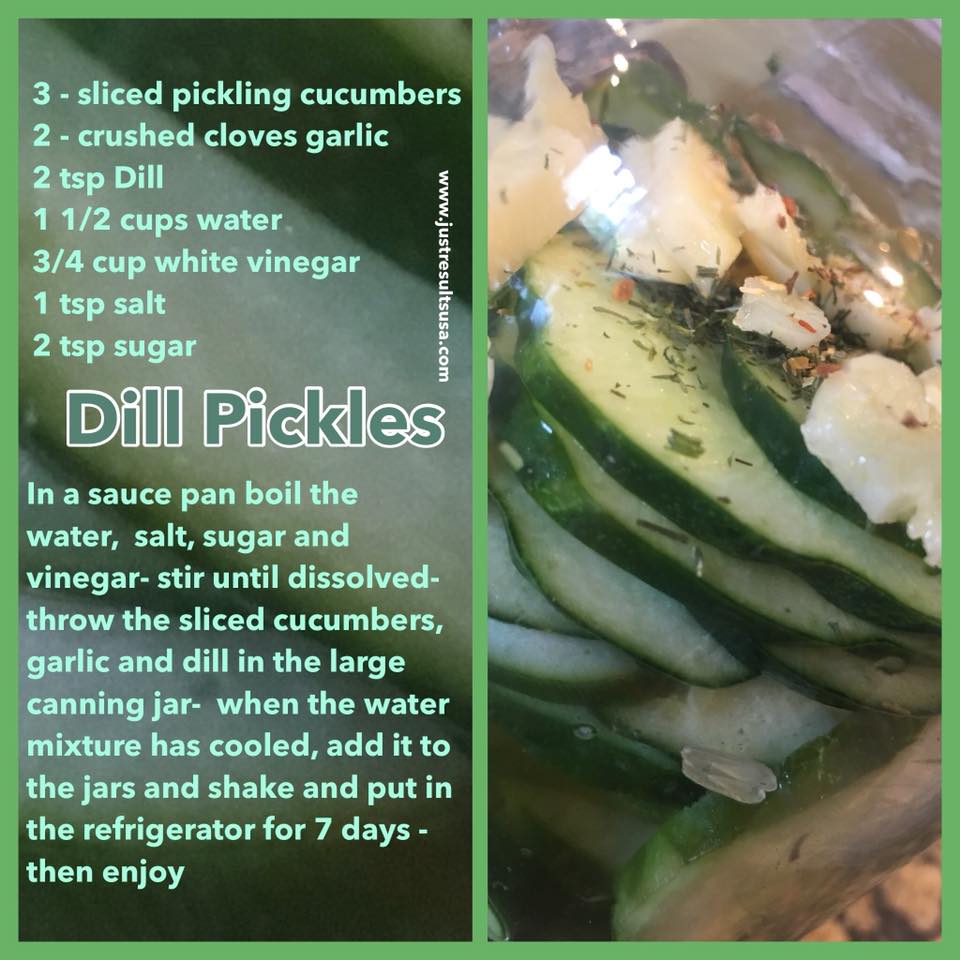 A recipe for dill pickles is shown on a green background