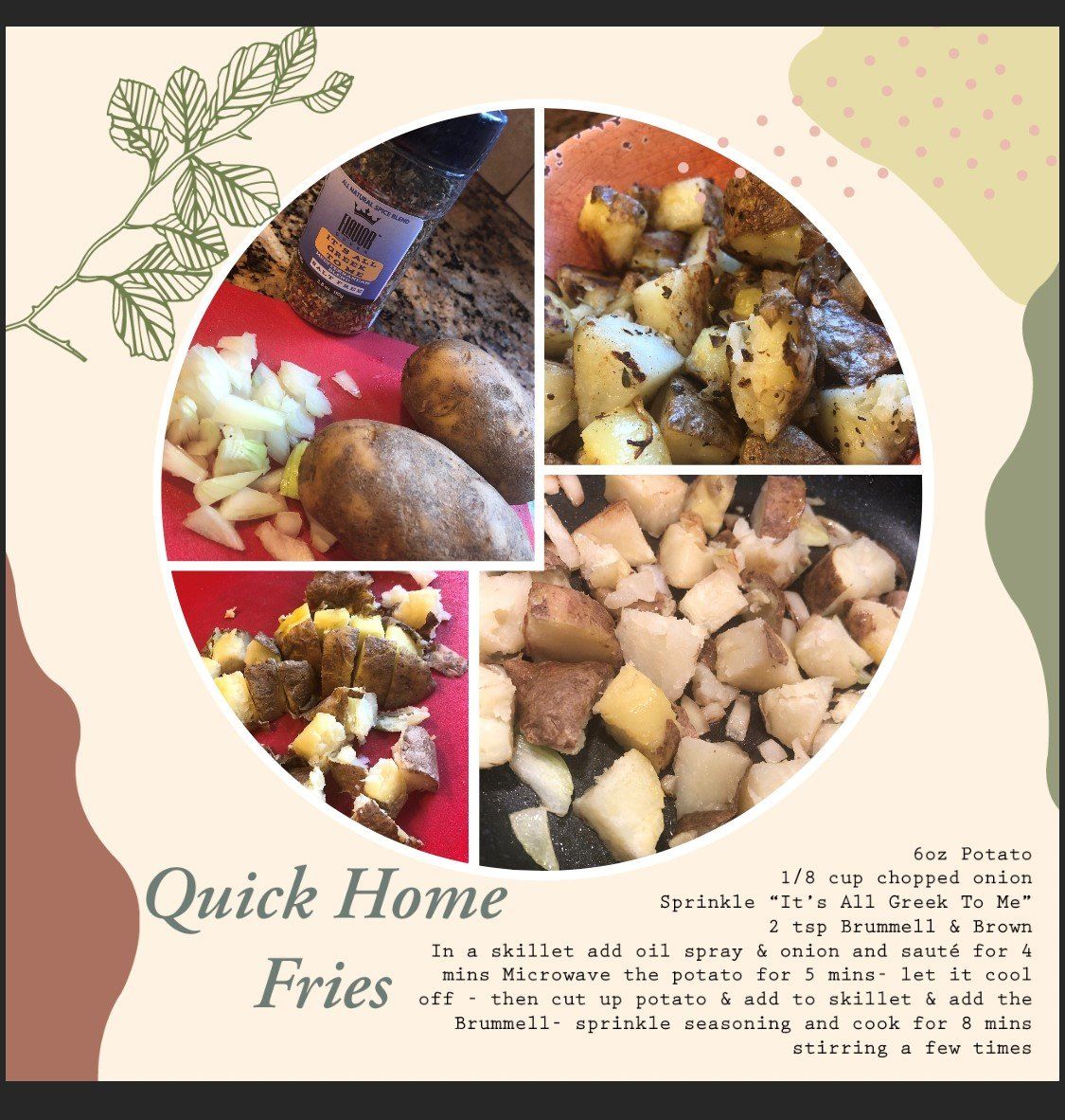A recipe for quick home fries is shown in a collage of pictures