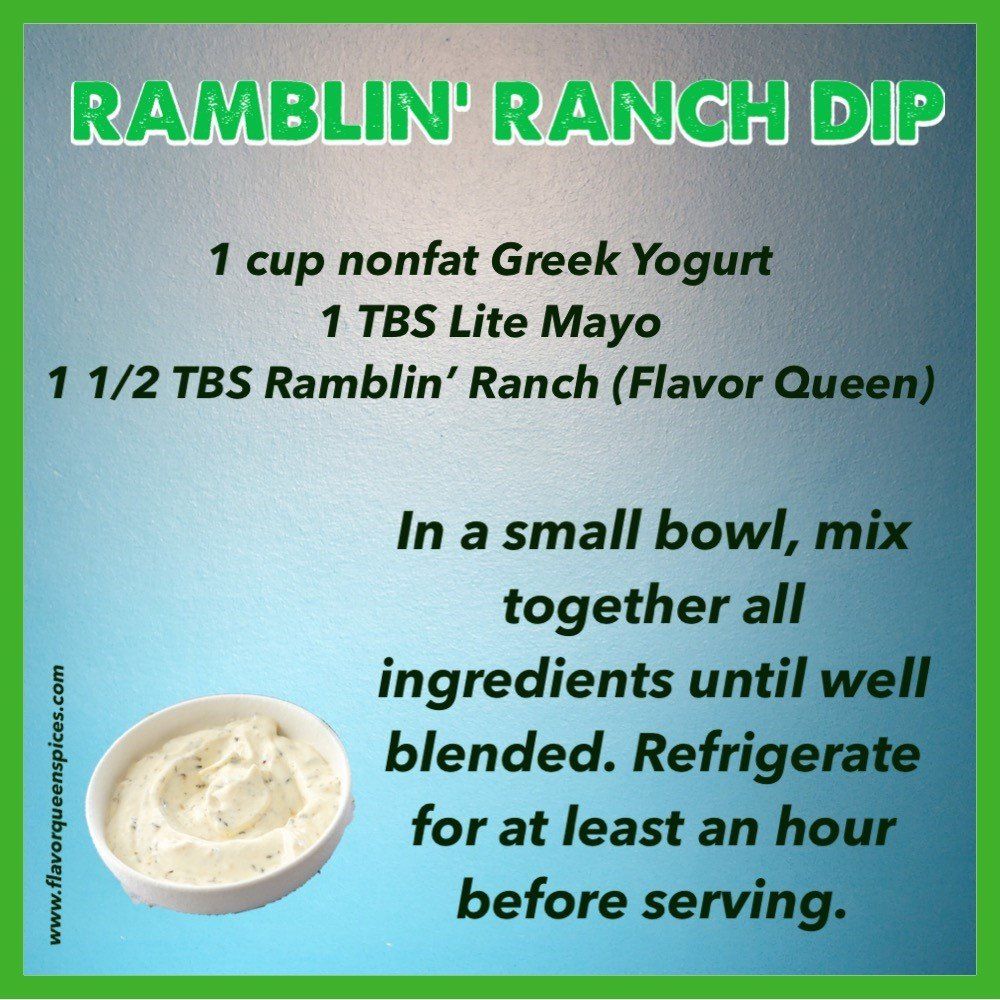 A recipe for ramblin ' ranch dip is shown