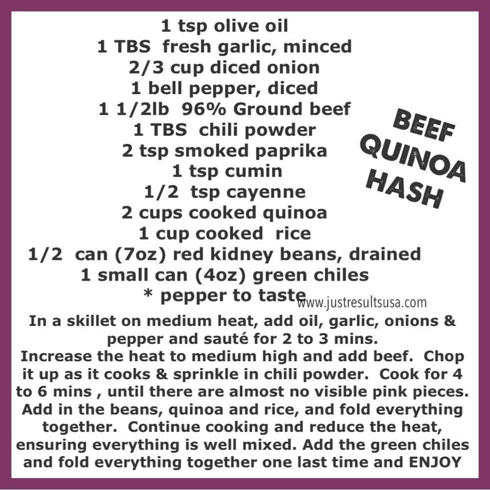 A recipe for beef quinoa hash is written on a purple background