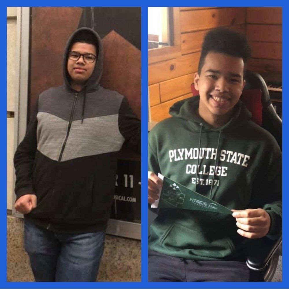 Two young men wearing plymouth state college sweatshirts