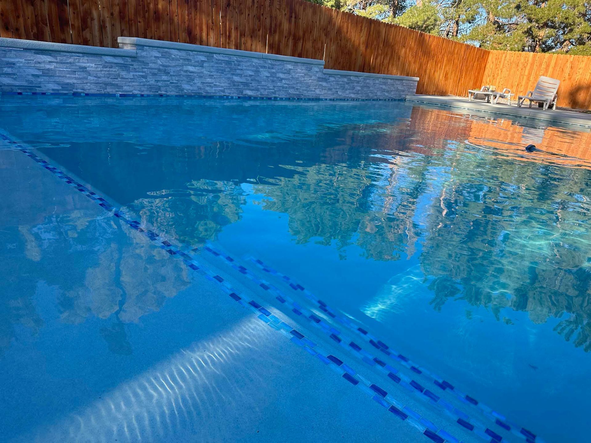 A large swimming pool with a wooden fence in the background and trees reflected in the water.