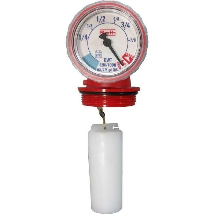 Red and white tank level gauge, partially disassembled. The gauge displays fractions with a black needle.