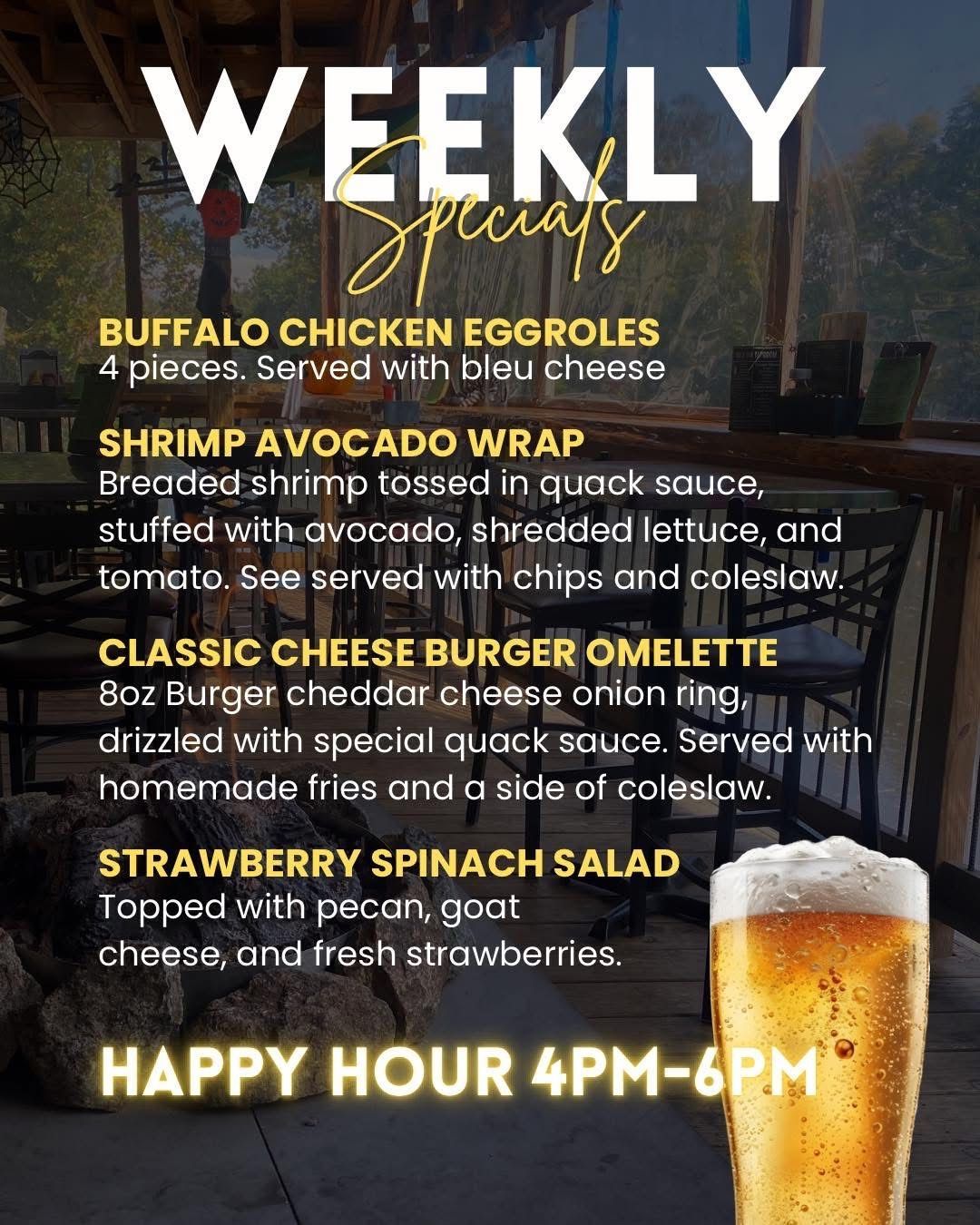 A weekly specials menu for a restaurant with a taco salad and pulled pork tacos.