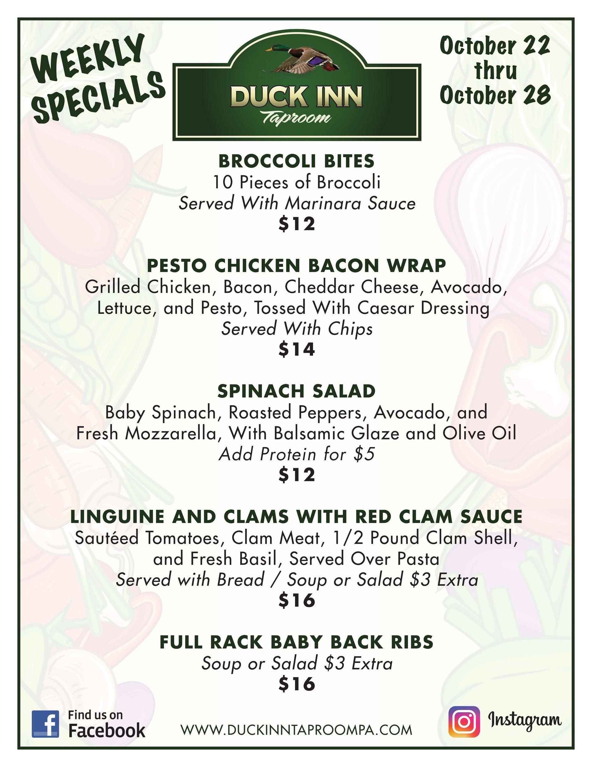 A poster for weekly specials at a restaurant.