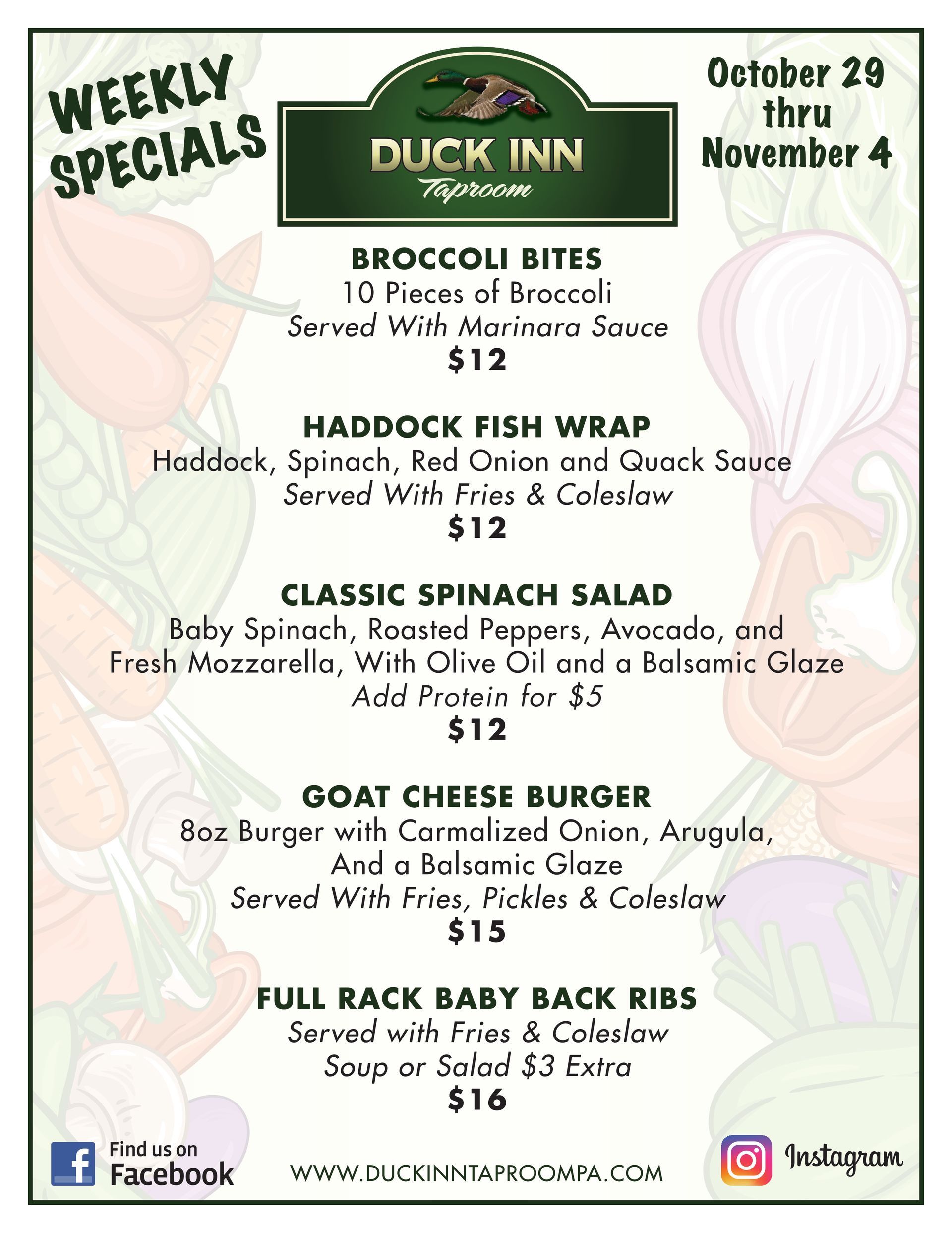 A weekly specials menu for a restaurant with a taco salad and pulled pork tacos.