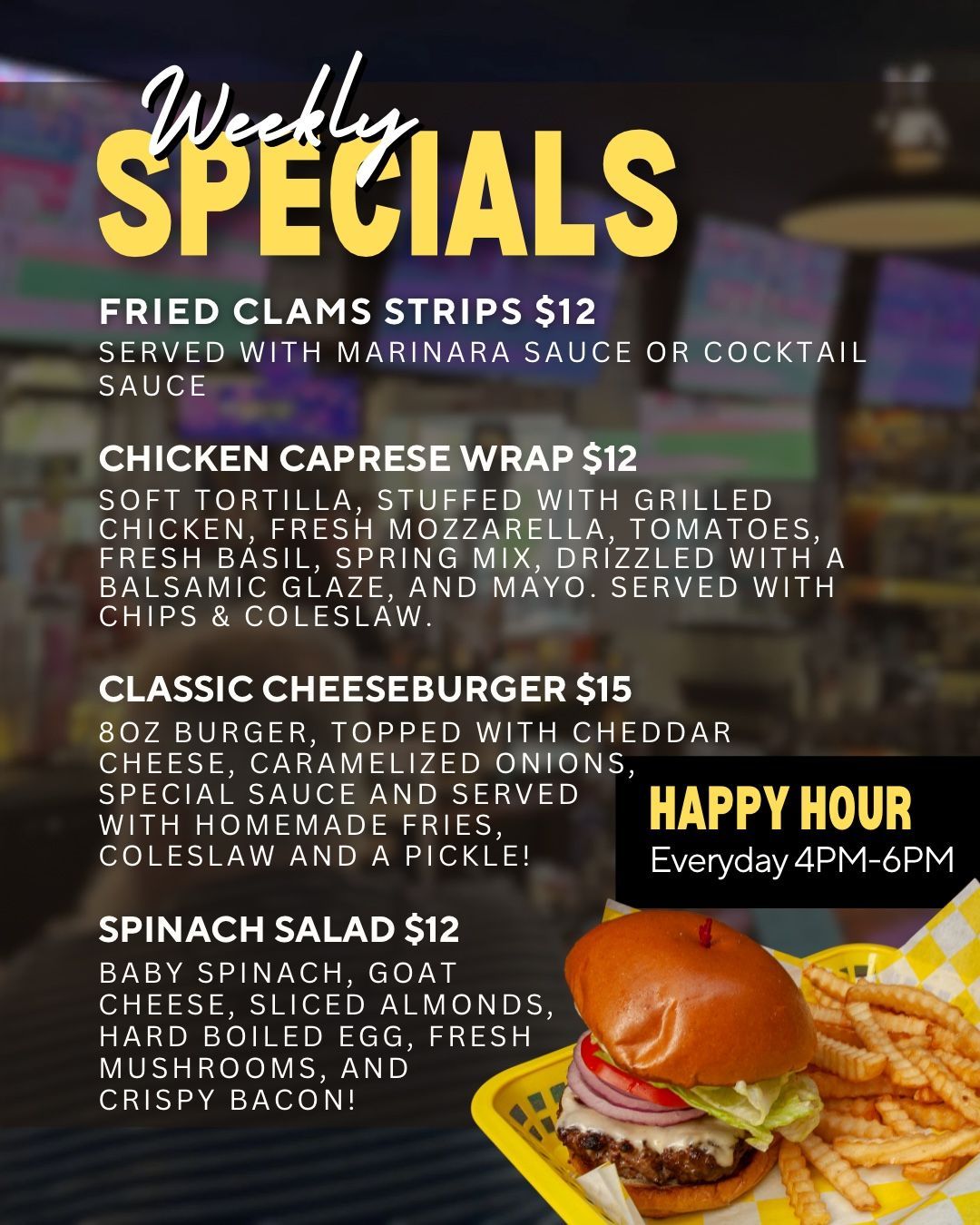 A weekly specials menu for a restaurant with a taco salad and pulled pork tacos.