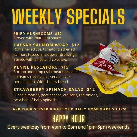 A poster for weekly specials at a restaurant.