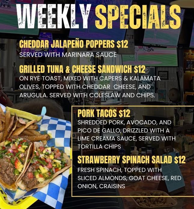 A weekly specials menu for a restaurant with a taco salad and pulled pork tacos.