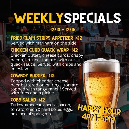 A weekly specials menu for a restaurant with a taco salad and pulled pork tacos.