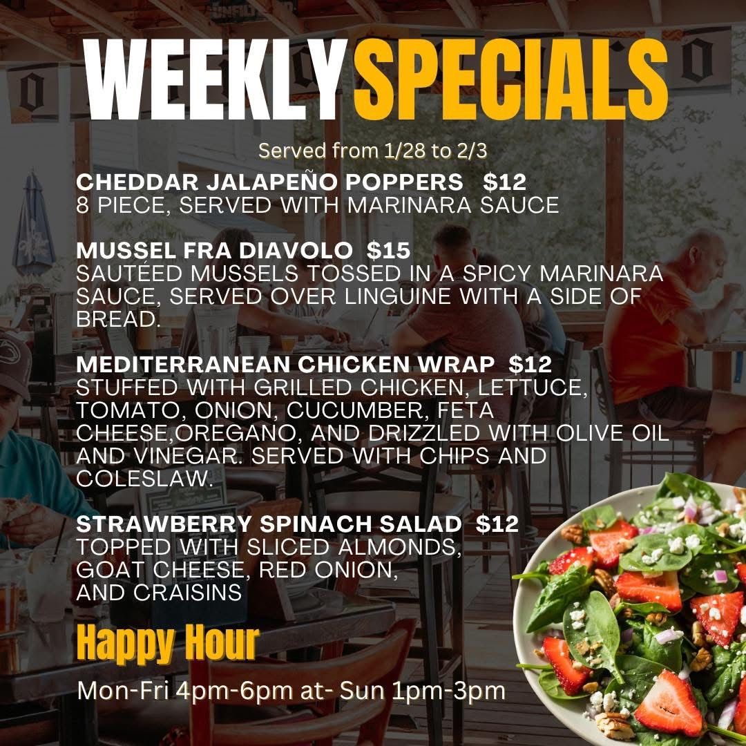 A weekly specials menu for a restaurant with a taco salad and pulled pork tacos.