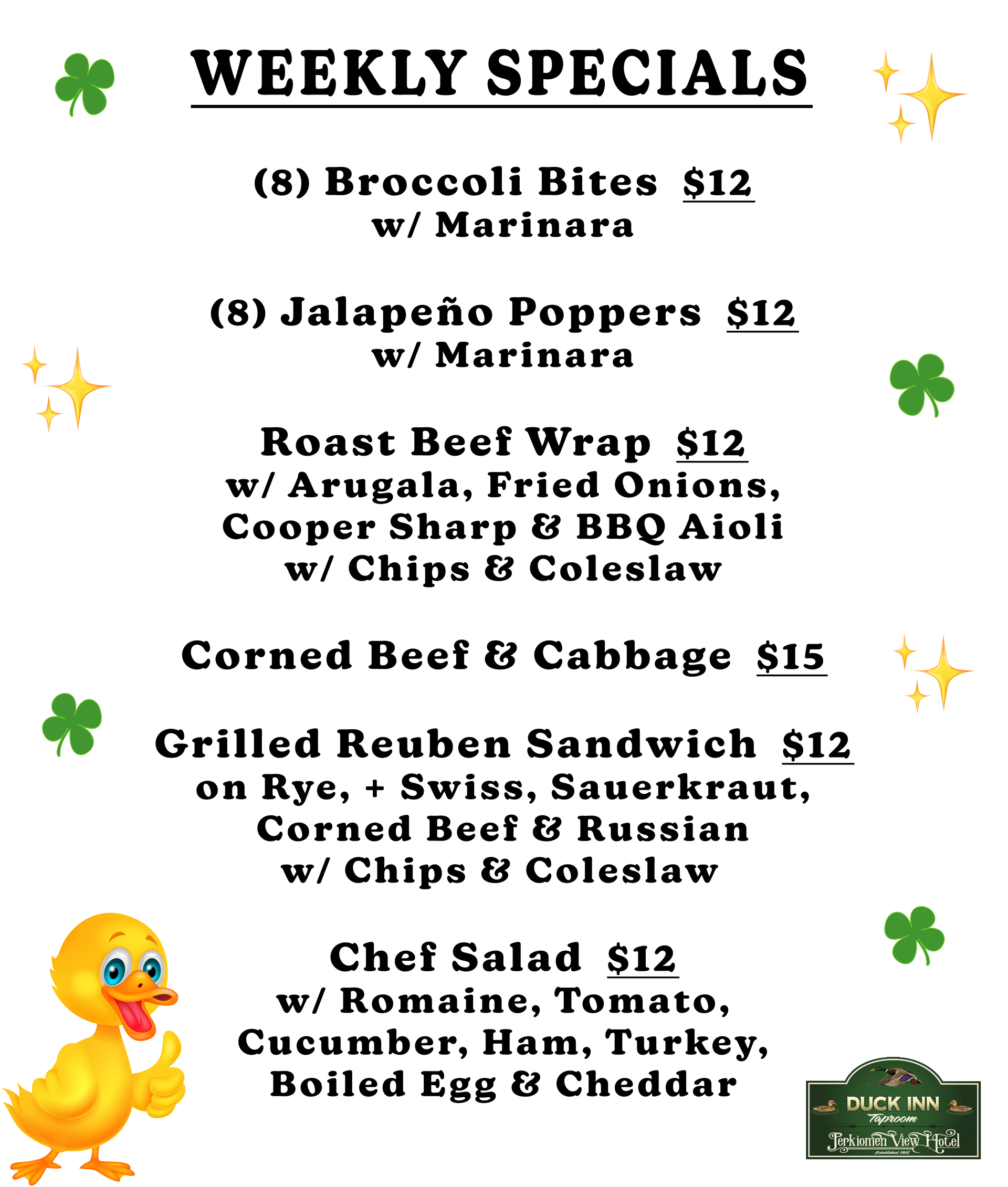 A weekly specials menu for a restaurant with a taco salad and pulled pork tacos.