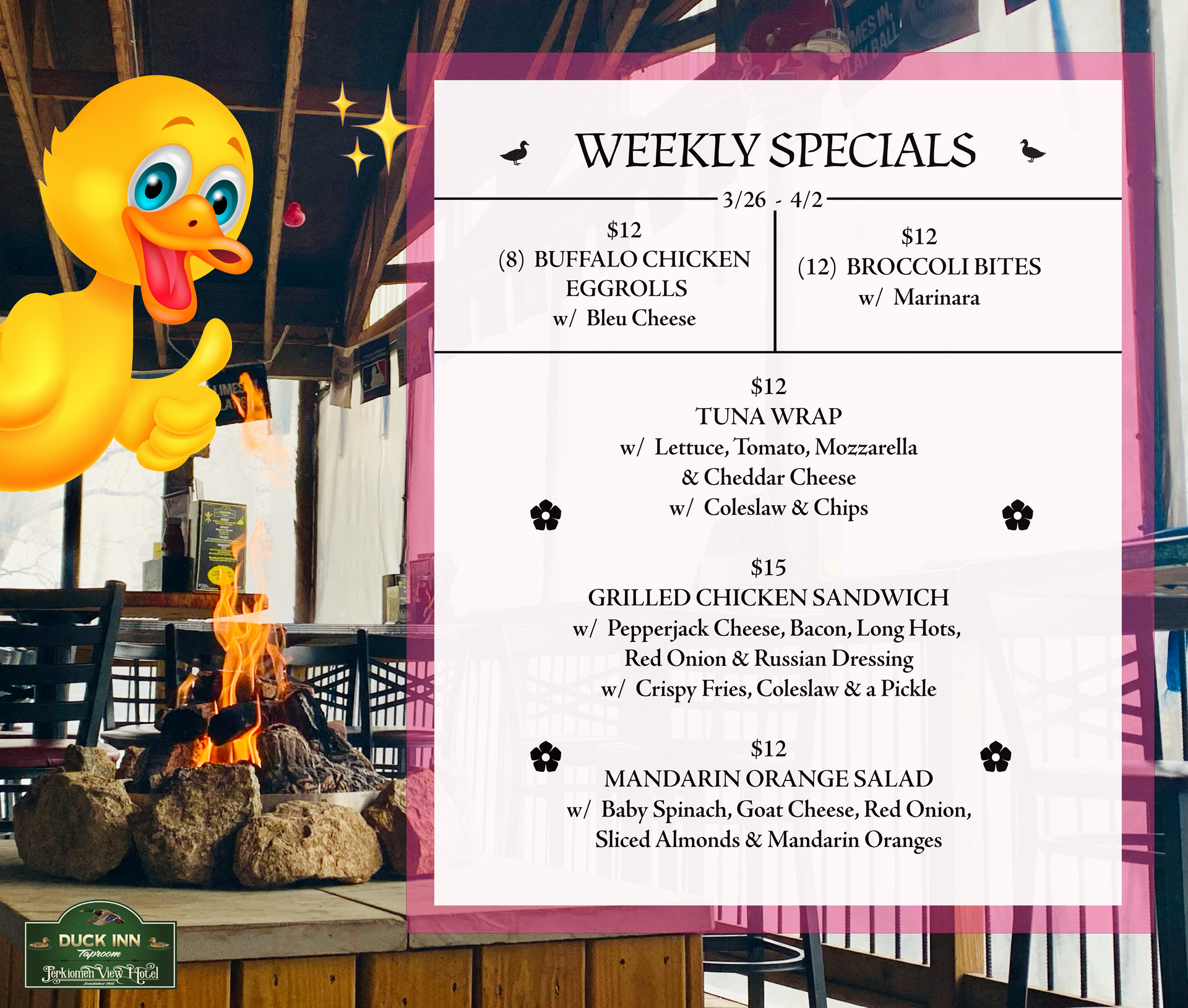 A weekly specials menu for a restaurant with a taco salad and pulled pork tacos.