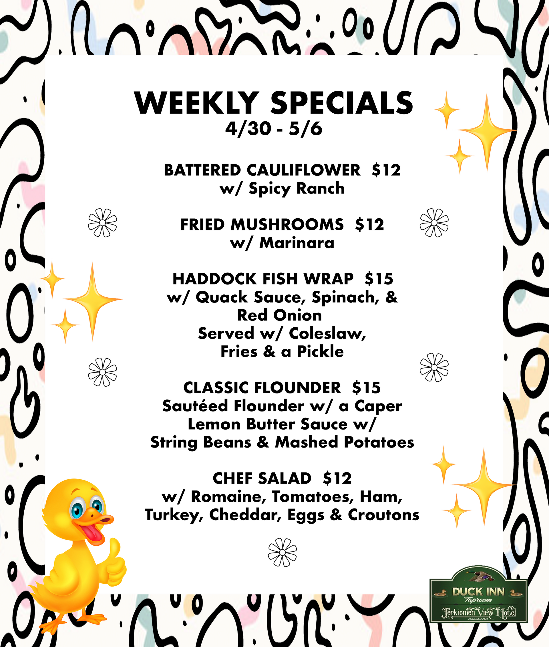 A weekly specials menu for a restaurant with a taco salad and pulled pork tacos.