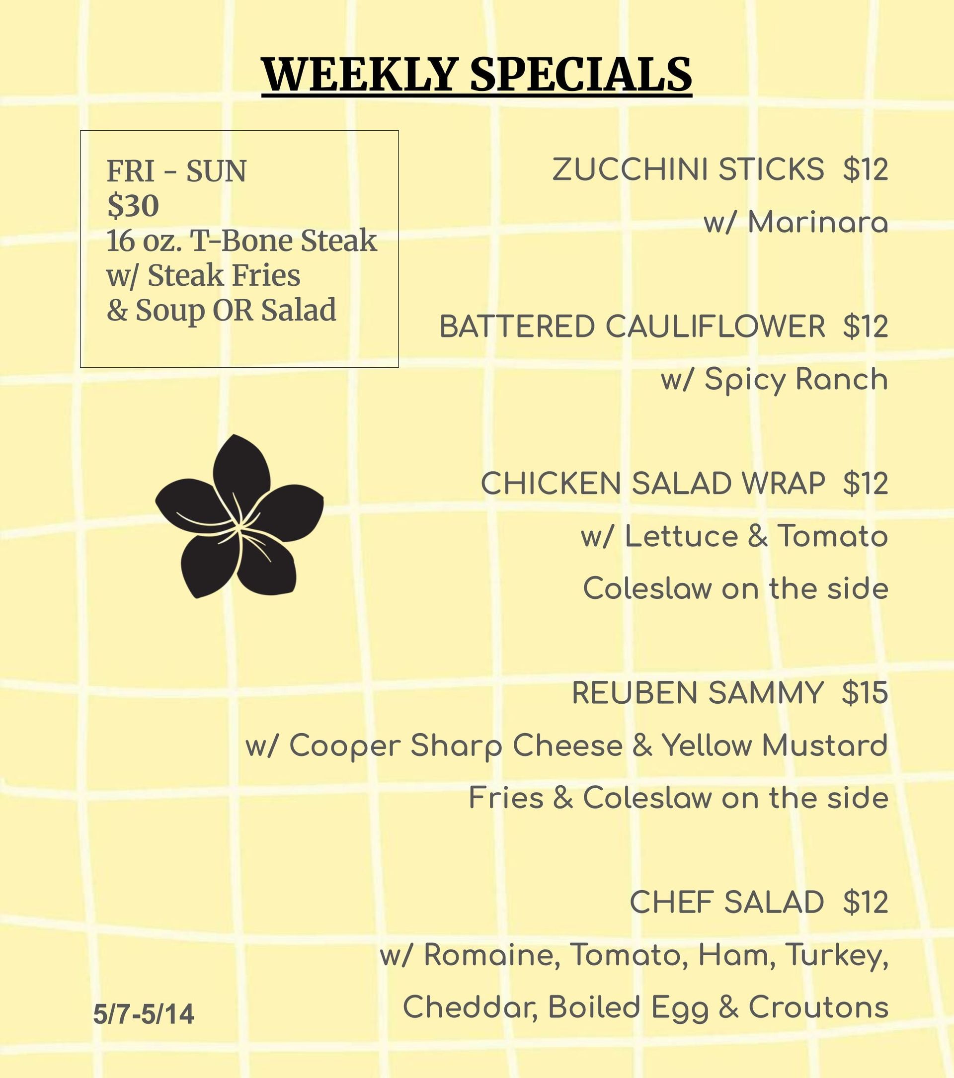 A weekly specials menu for a restaurant with a taco salad and pulled pork tacos.