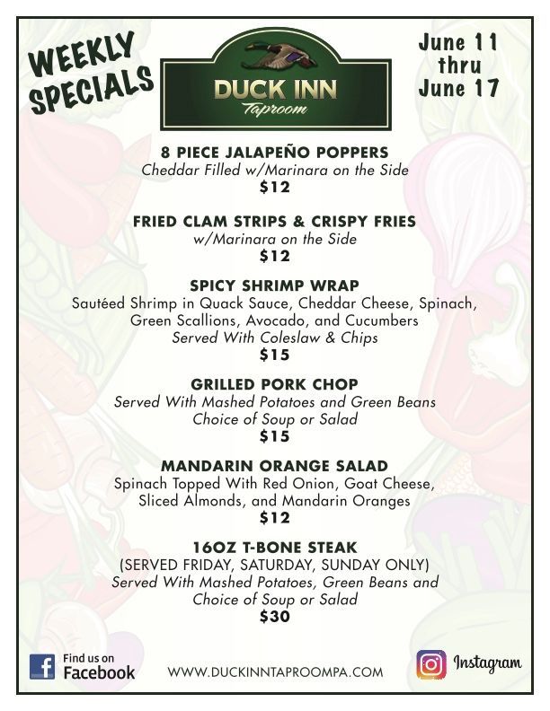 A poster for weekly specials at a restaurant.