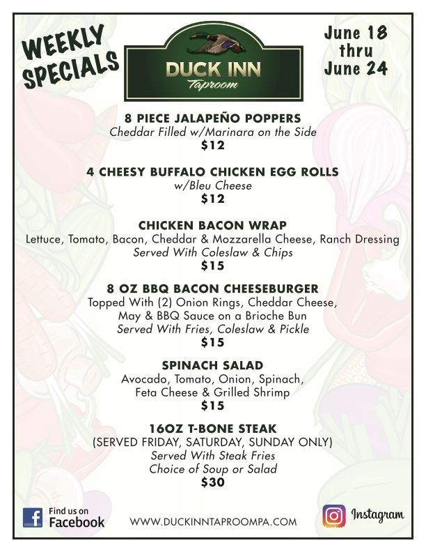 A weekly specials menu for a restaurant with a taco salad and pulled pork tacos.