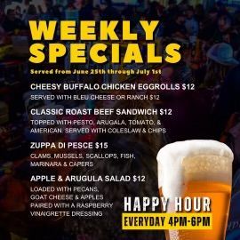 A weekly specials menu for a restaurant with a taco salad and pulled pork tacos.