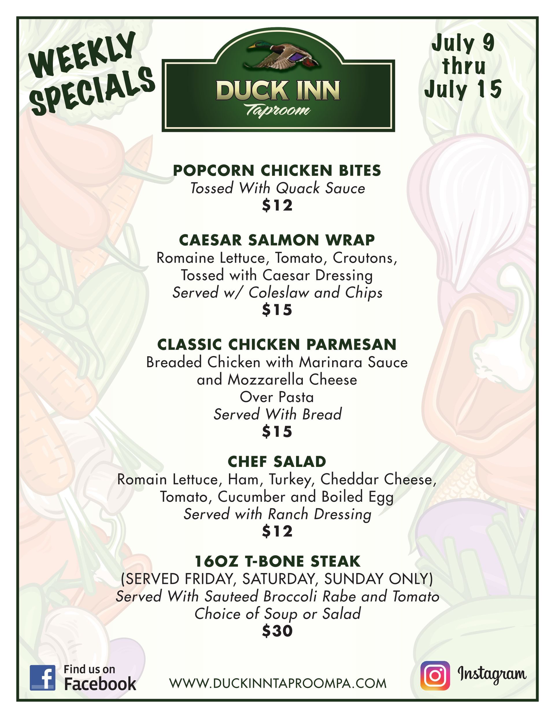 A poster for weekly specials at a restaurant.