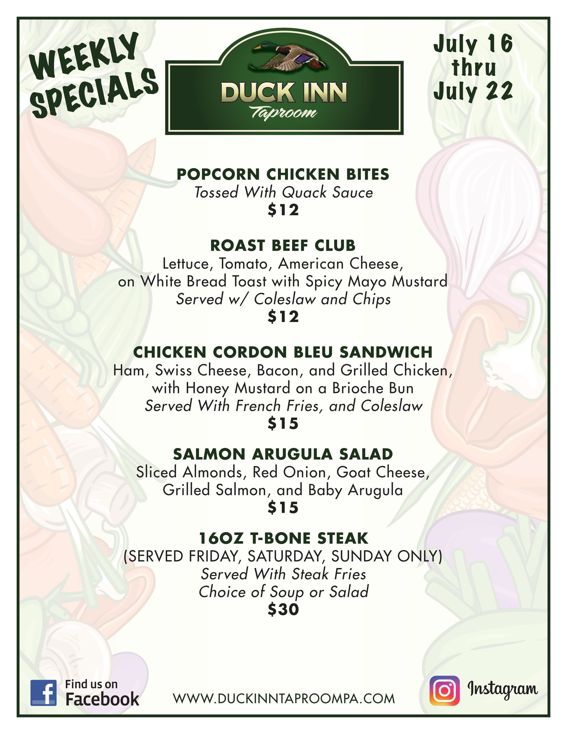 A weekly specials menu for a restaurant with a taco salad and pulled pork tacos.