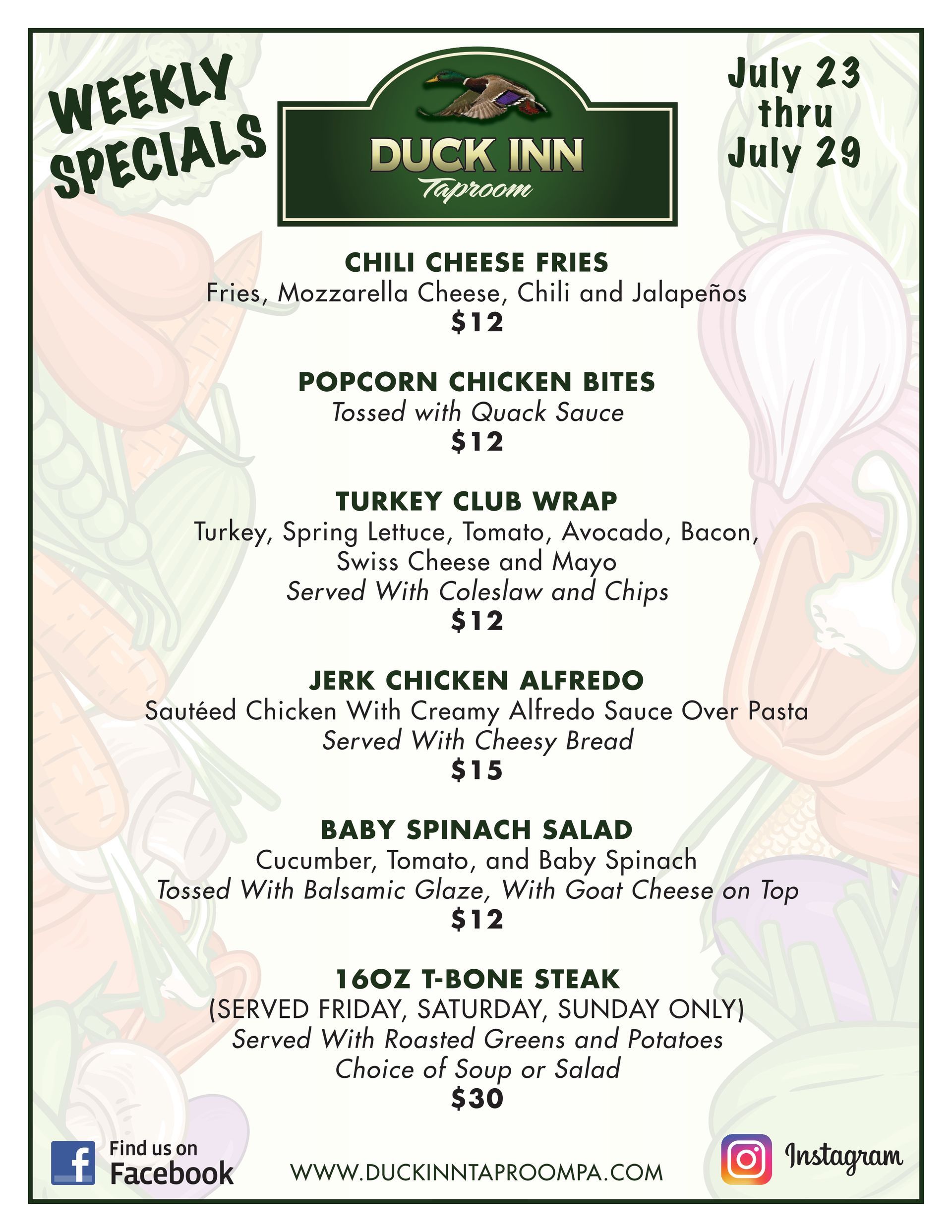 A poster for weekly specials at a restaurant.
