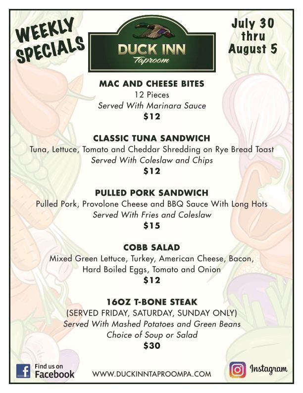 A weekly specials menu for a restaurant with a taco salad and pulled pork tacos.