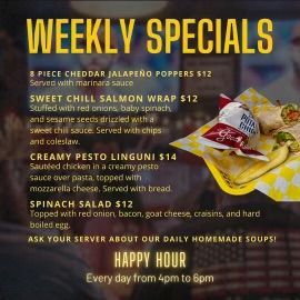 A weekly specials menu for a restaurant with a taco salad and pulled pork tacos.