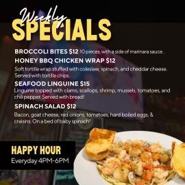 A poster for weekly specials at a restaurant.