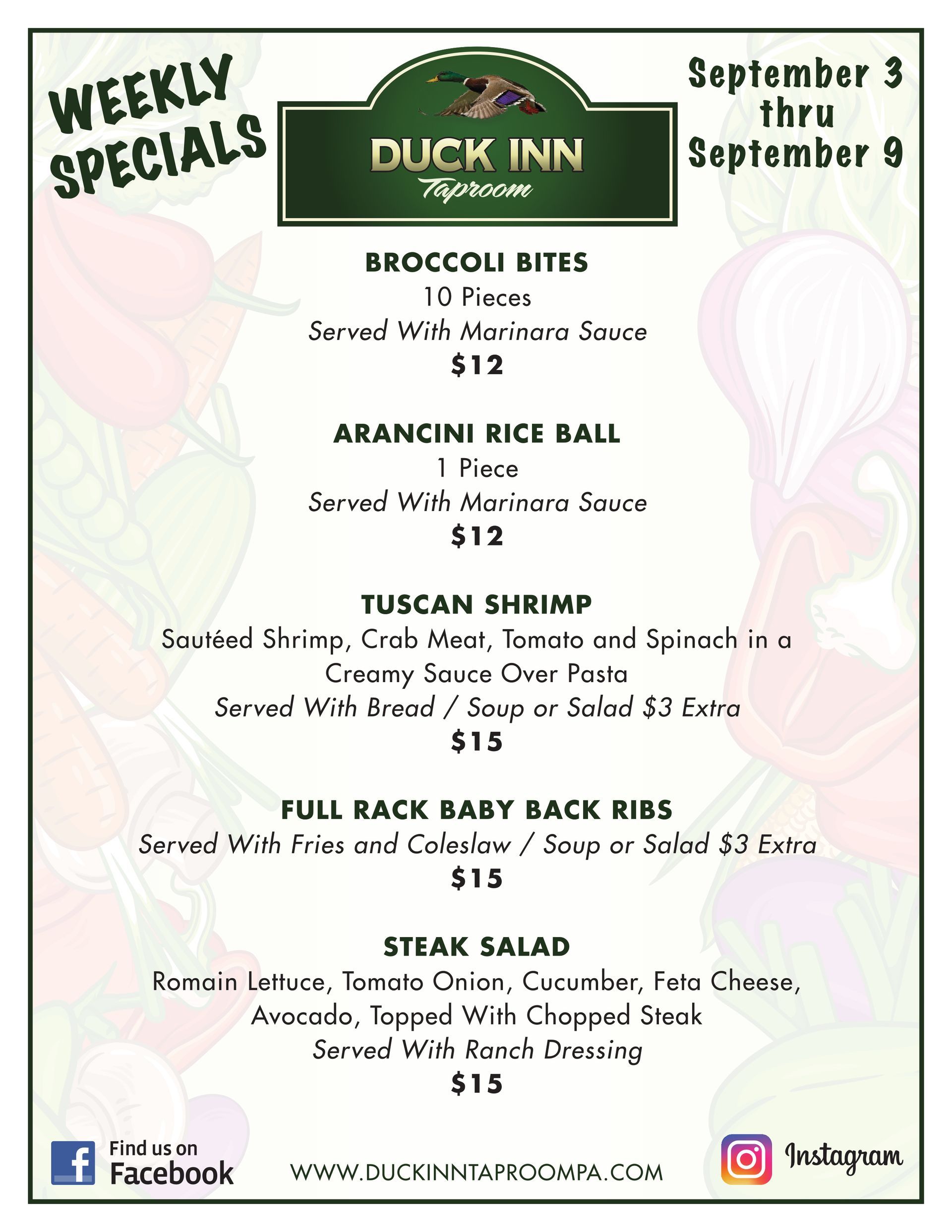 A poster for weekly specials at a restaurant.