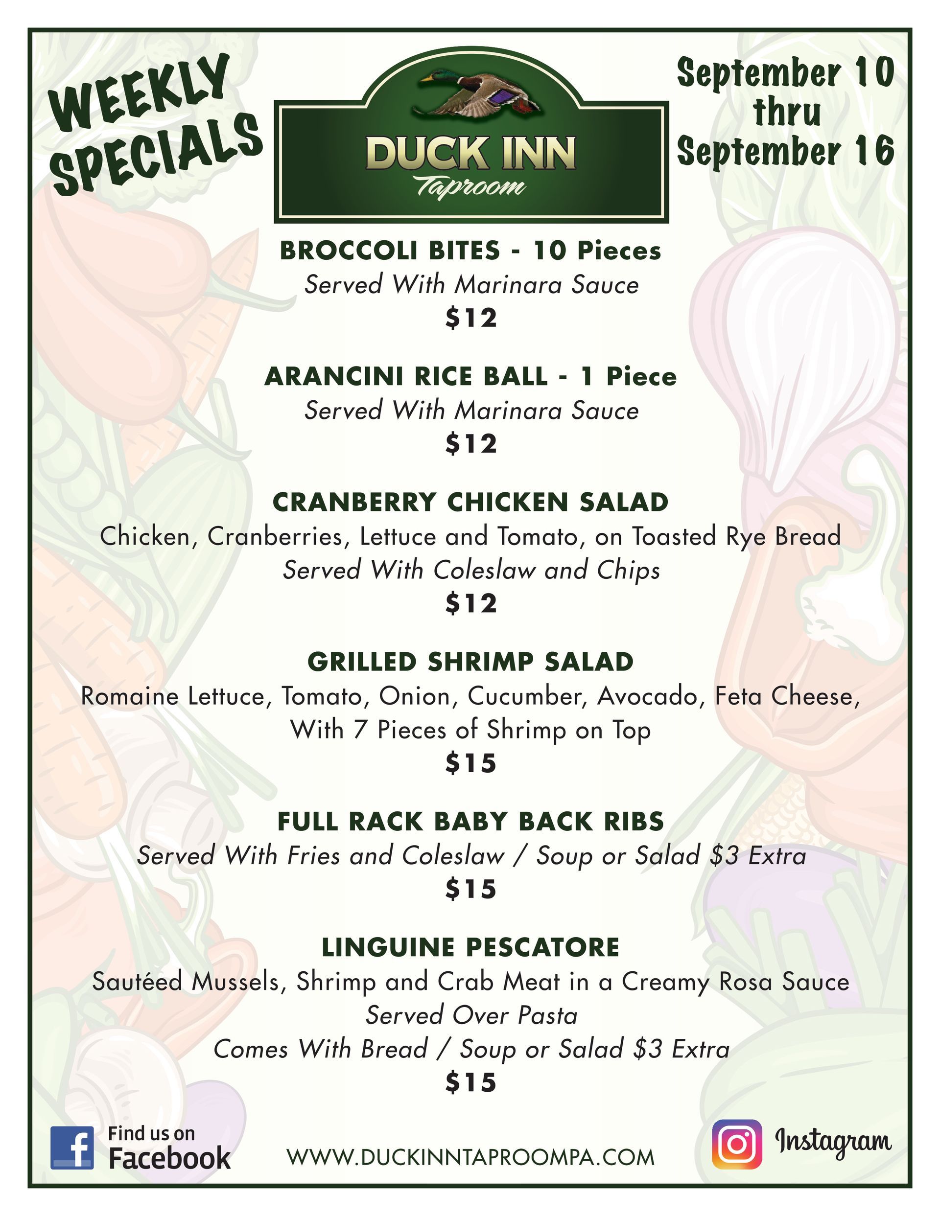 A weekly specials menu for a restaurant with a taco salad and pulled pork tacos.