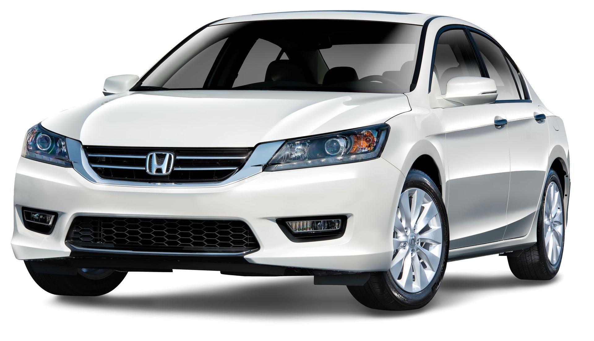 White Honda sedan photographed on a white background, front-left view