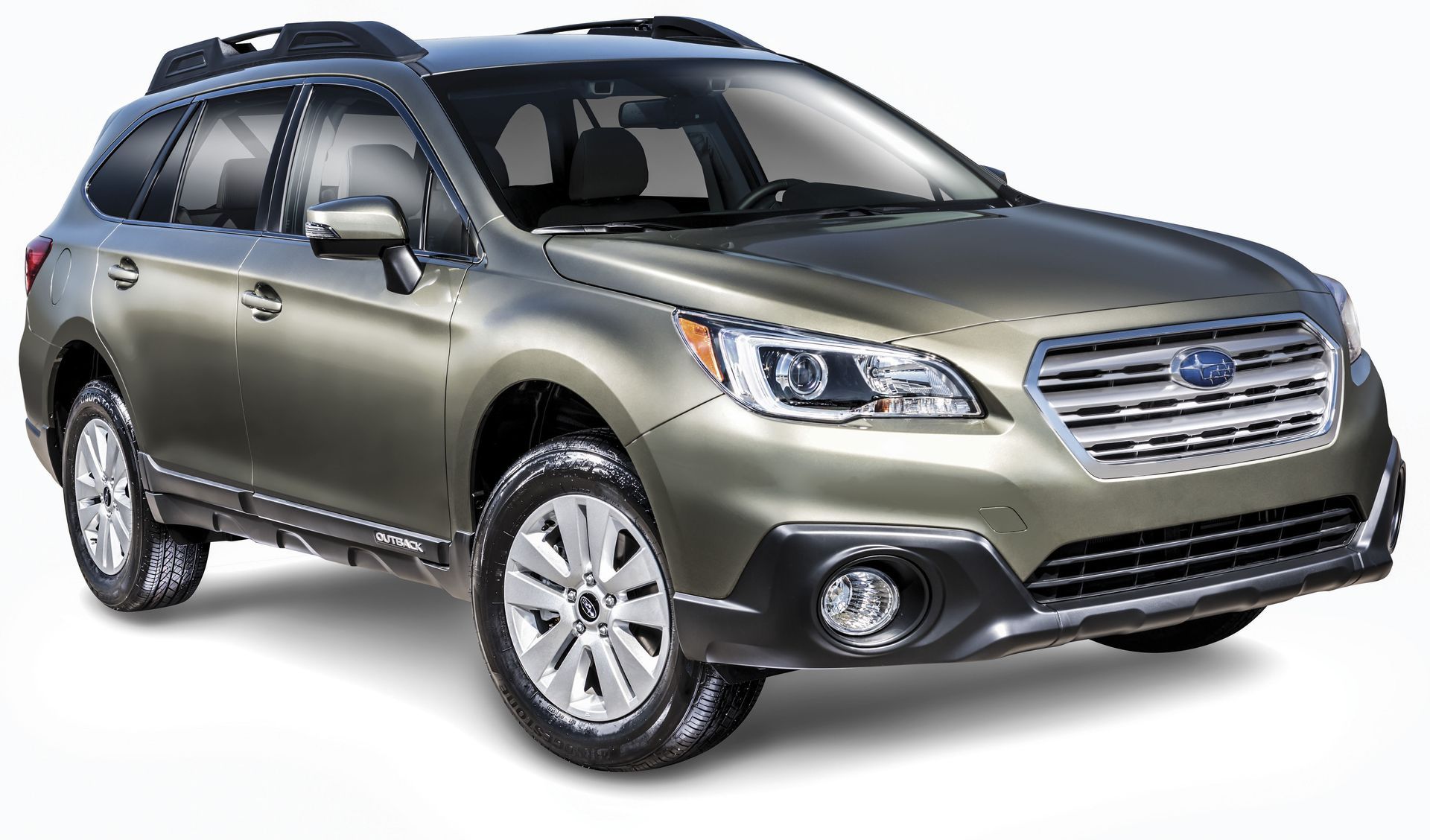 Silver Subaru SUV with roof rails, shown at a three-quarter front view on a white background