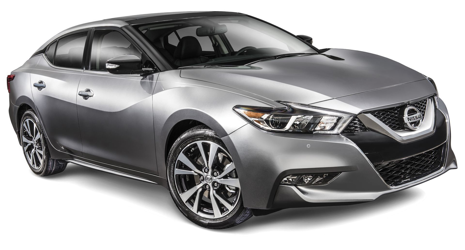 Silver Nissan sedan in front three-quarter view on a white background