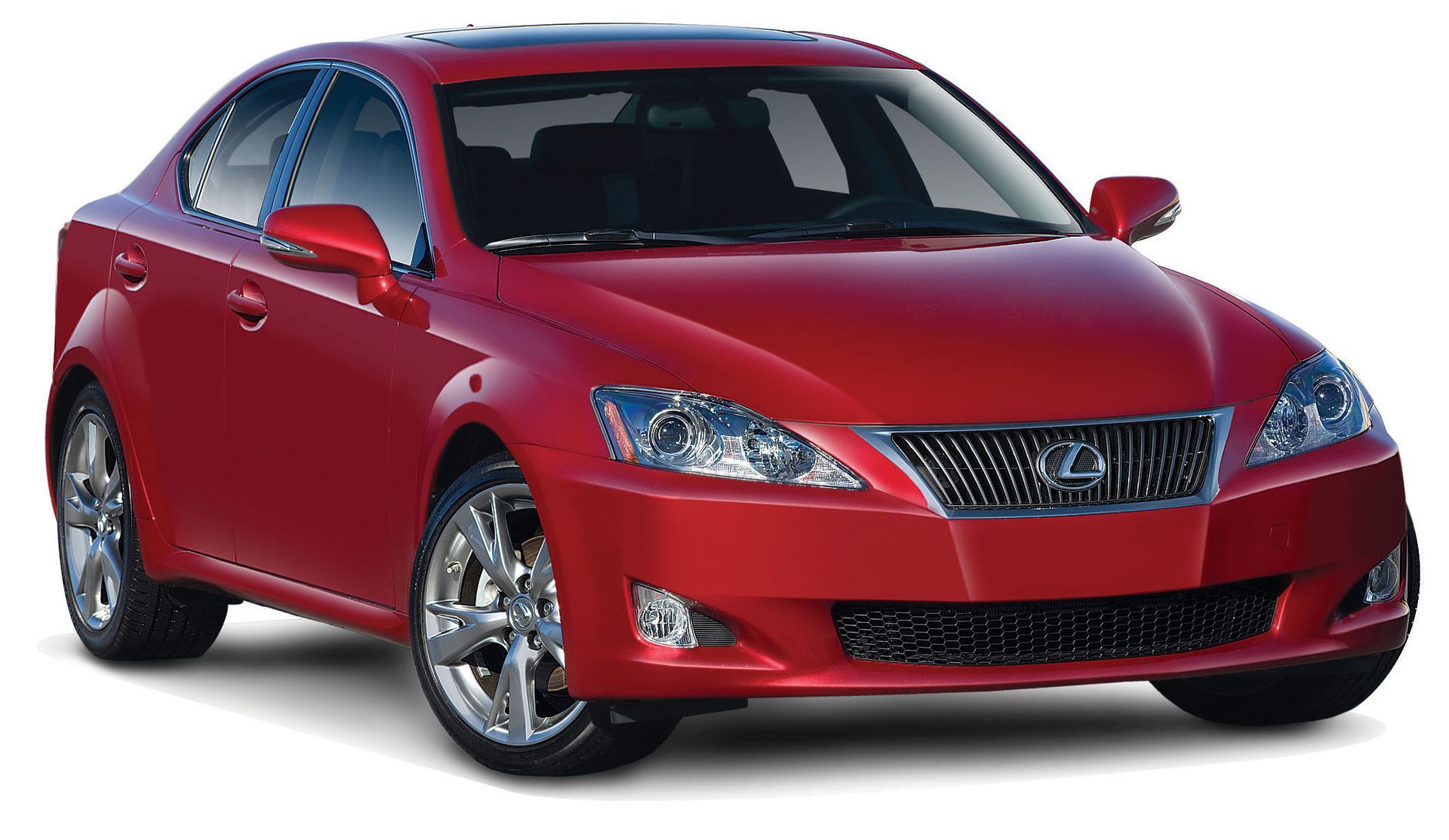 Red Lexus sedan on a white background, angled front view.