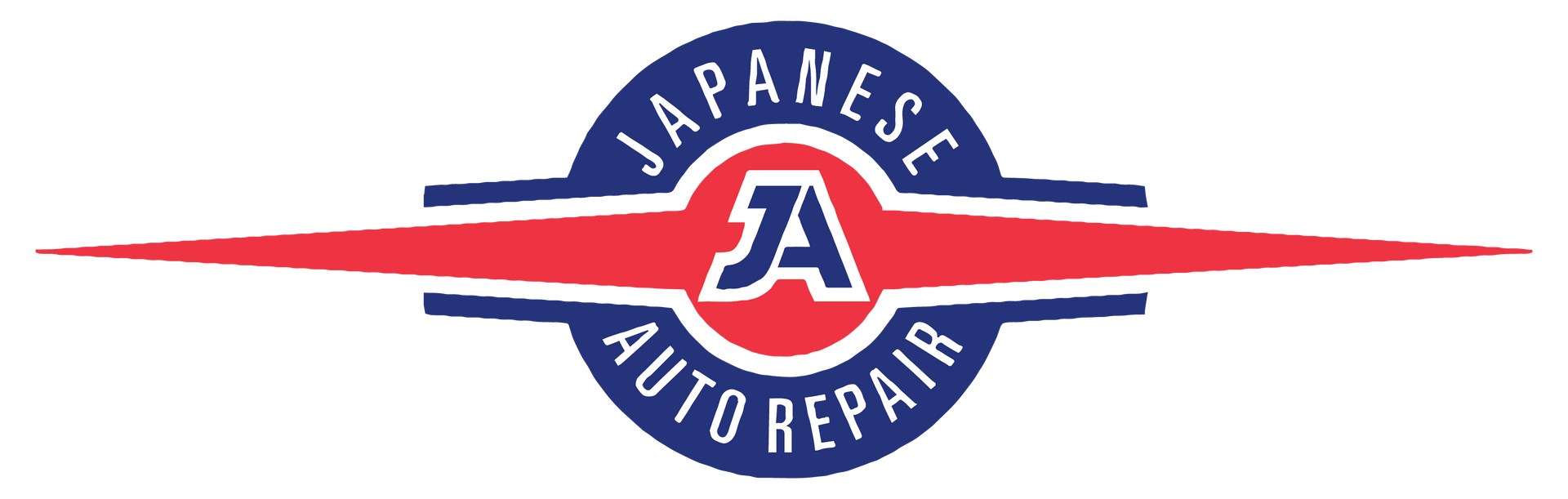 Japanese Auto Repair logo with red and blue wings and circular emblem