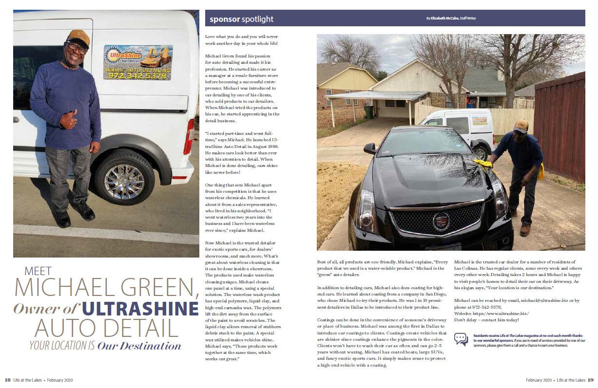 Man posing by a van, then washing a black car. Text reads Ultrashine Auto Detail