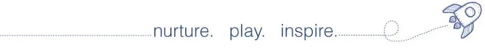 Nurture, play, inspire text with a small rocket icon on a light background.