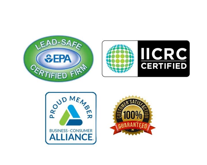 Several logos including lead safe certified firm proud member business consumer alliance and iicrc certified