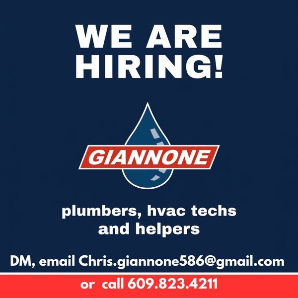 Blue hiring flyer for Giannone plumbers, HVAC techs and helpers, with email and phone contact info