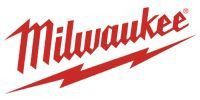 Milwaukee logo in red; text and lightning bolt.