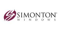 Logo for Simonton Windows with a maroon abstract design and text