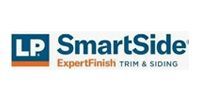 Logo for LP SmartSide siding and trim with text and shapes in blue, white, and orange.