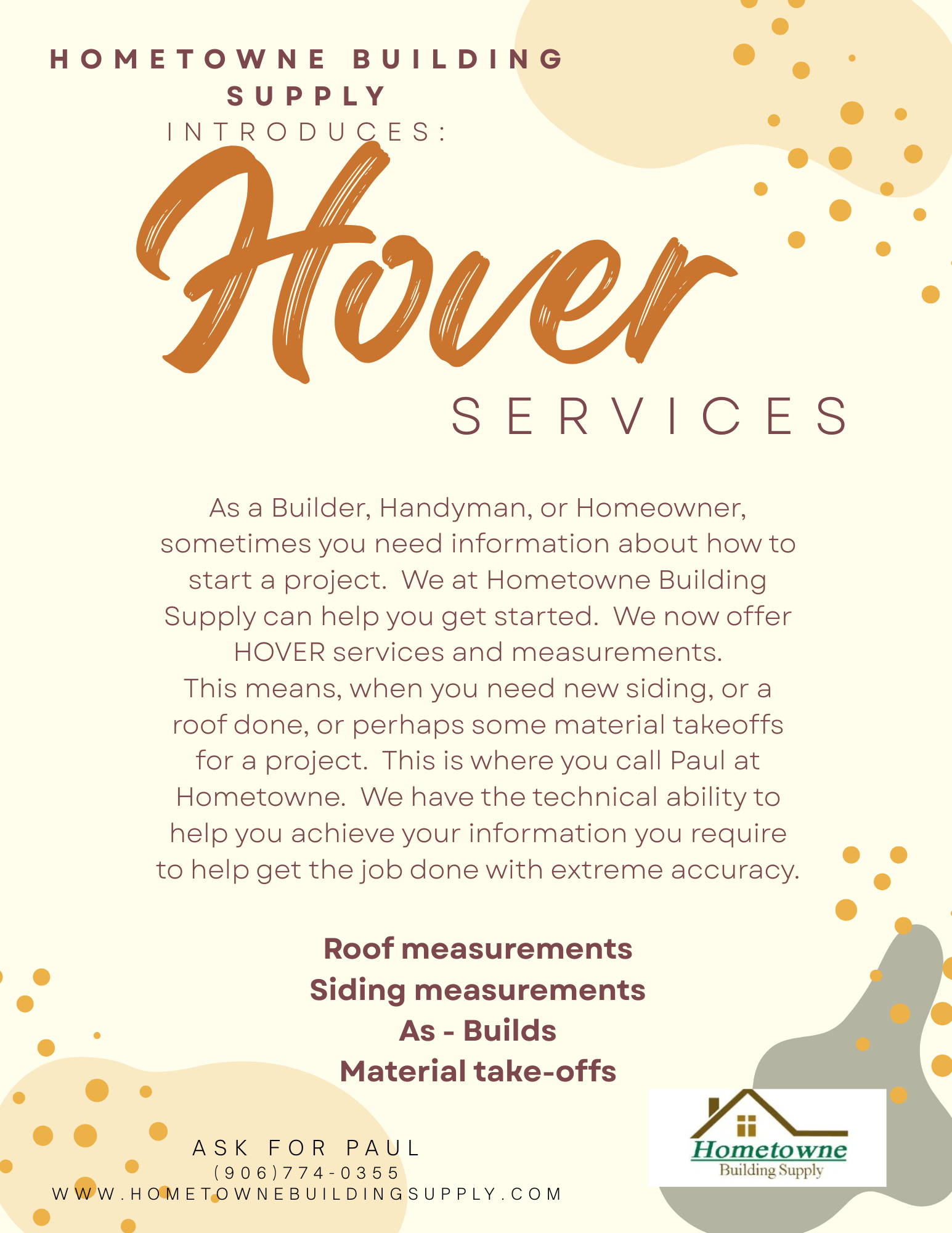 Hometown Building Supply Hover Services flyer with white, gold and gray design and service details