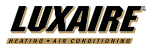 Luxaire logo: black angled text above a tan banner with text