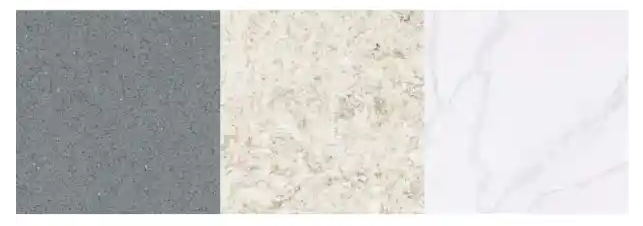 Three textured surface samples in gray, beige, and white marble patterns.