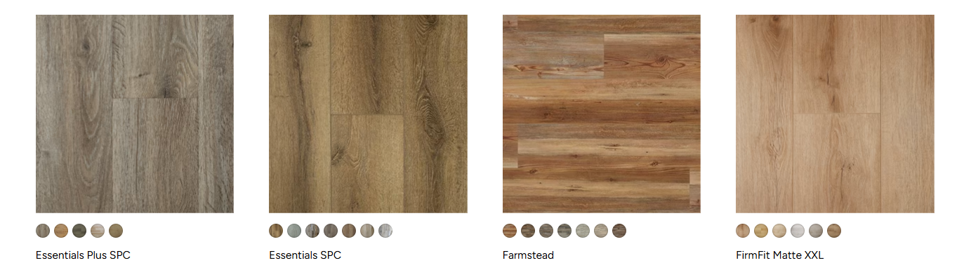 Four wood texture samples in gray, tan, brown, and light beige, arranged side by side.